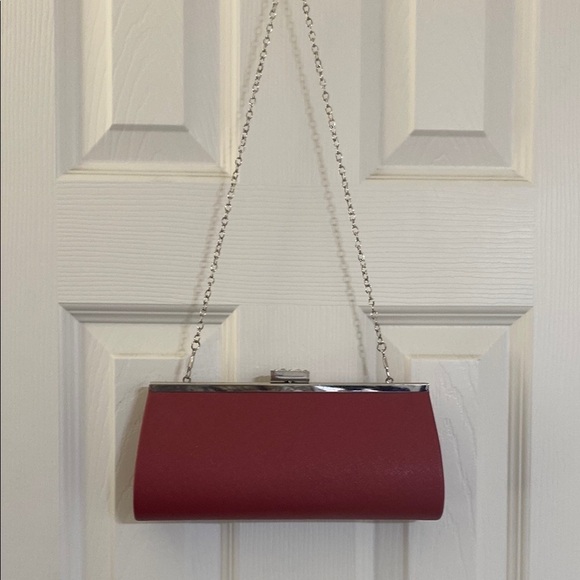 Handbags - Rich Red Clutch with Chain Strap and Metallic Closure